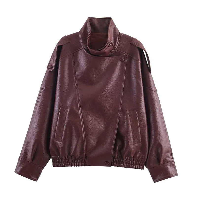 2026 Spring Women's Faux Leather Jacket Brown Black Long Sleeve Stand Collar Thick Loose Lady Coat Fashion Motorcycle Streetwear