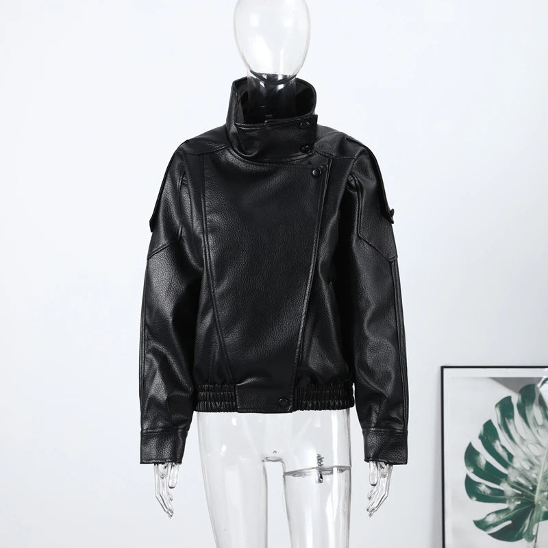 2026 Spring Women's Faux Leather Jacket Brown Black Long Sleeve Stand Collar Thick Loose Lady Coat Fashion Motorcycle Streetwear