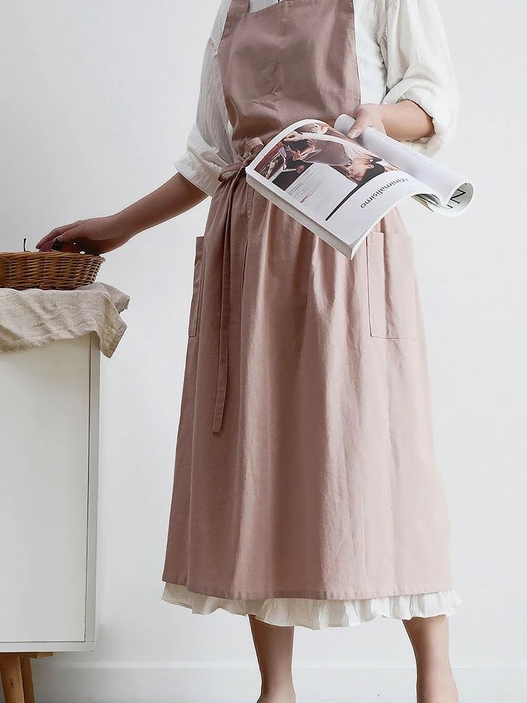 Jananese Summer Apron Art  Long Home Baking Dessert Teacher Floral Painting Students Dress Apron For Woman Girl Kitchen
