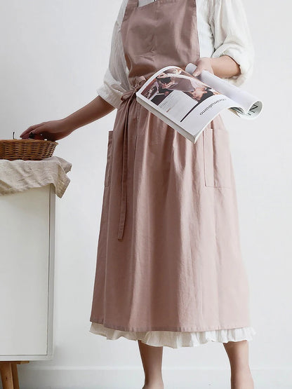 Jananese Summer Apron Art  Long Home Baking Dessert Teacher Floral Painting Students Dress Apron For Woman Girl Kitchen