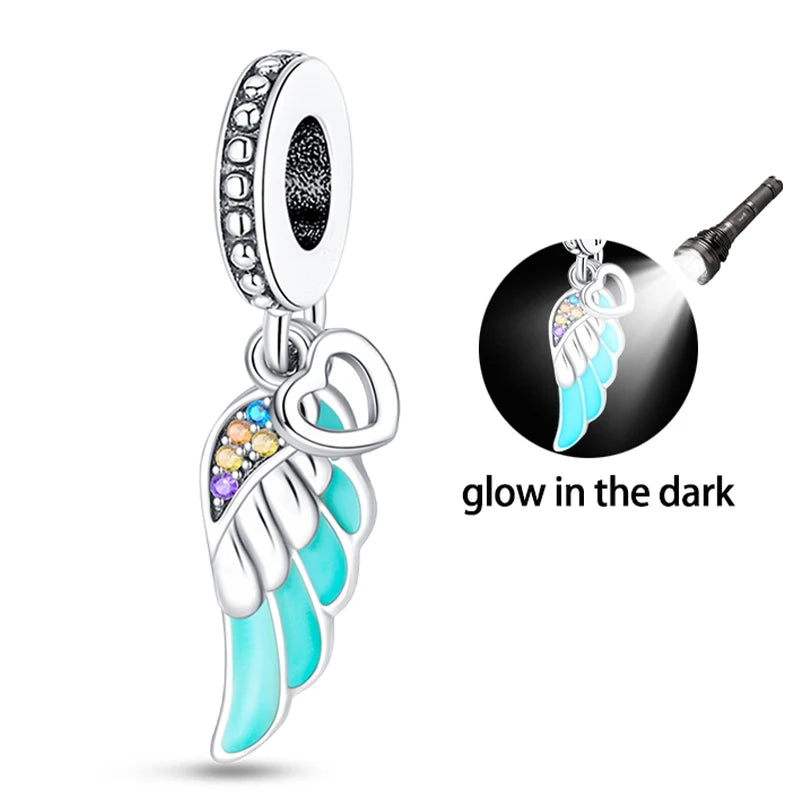 S925 Silver Plated Color Luminous Feather With Zircon Pendants Charms Fit Original Bracelets Fine DIY Birthday Jewelry Gifts