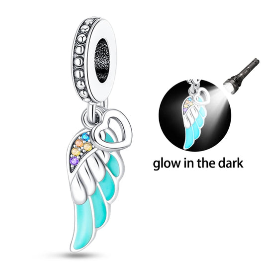 S925 Silver Plated Color Luminous Feather With Zircon Pendants Charms Fit Original Bracelets Fine DIY Birthday Jewelry Gifts