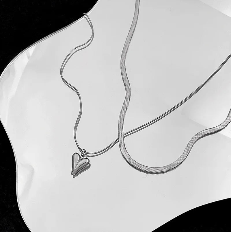 Double Layered Love Heart Pendant Necklace for Women Simple Necklace Chain Jewelry Wholesale
