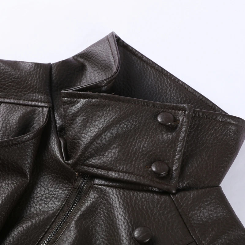 2026 Spring Women's Faux Leather Jacket Brown Black Long Sleeve Stand Collar Thick Loose Lady Coat Fashion Motorcycle Streetwear