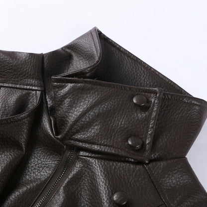 2026 Spring Women's Faux Leather Jacket Brown Black Long Sleeve Stand Collar Thick Loose Lady Coat Fashion Motorcycle Streetwear