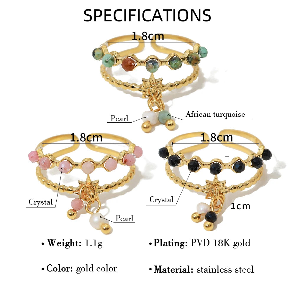 WILD & FREE Trendy Stainless Steel Rings for Women Creative Natural Stone Crystal Charms Aesthetic Adjustable Ring Jewelry