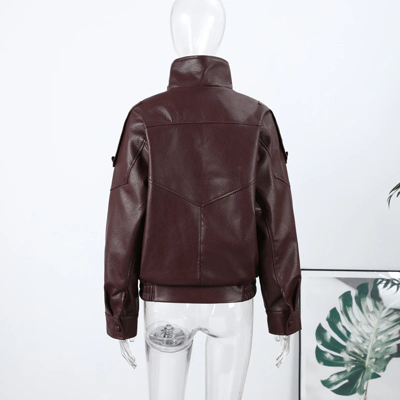 2026 Spring Women's Faux Leather Jacket Brown Black Long Sleeve Stand Collar Thick Loose Lady Coat Fashion Motorcycle Streetwear