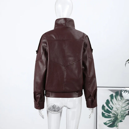 2026 Spring Women's Faux Leather Jacket Brown Black Long Sleeve Stand Collar Thick Loose Lady Coat Fashion Motorcycle Streetwear