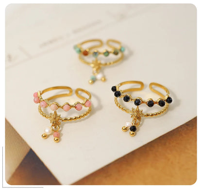 WILD & FREE Trendy Stainless Steel Rings for Women Creative Natural Stone Crystal Charms Aesthetic Adjustable Ring Jewelry