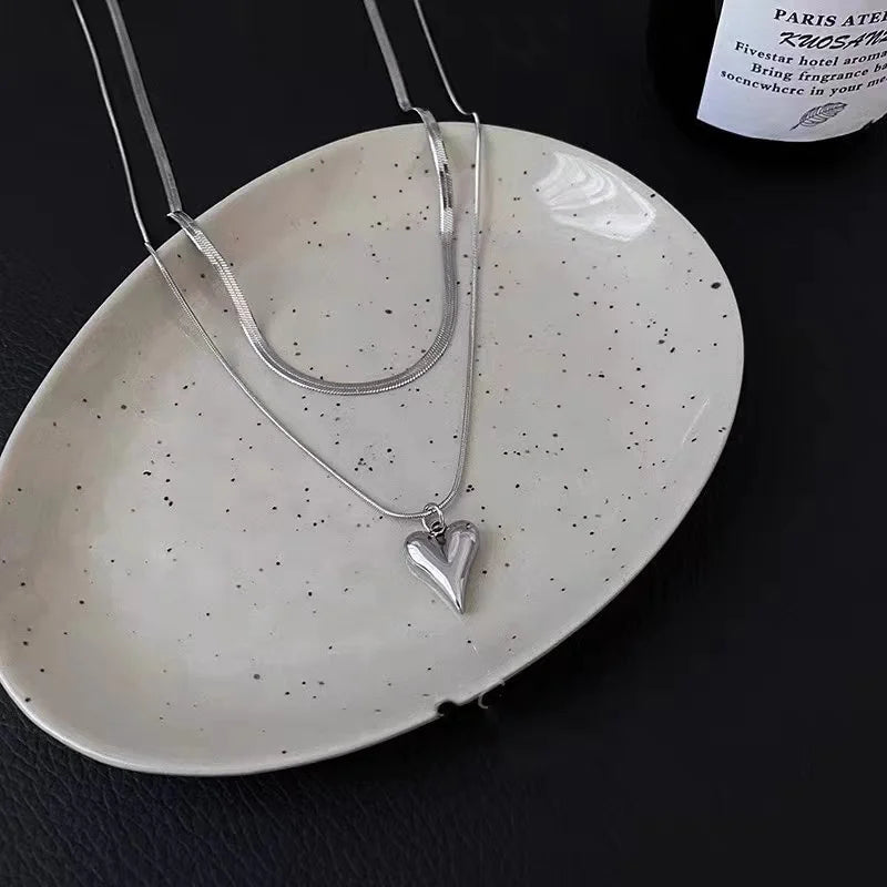 Double Layered Love Heart Pendant Necklace for Women Simple Necklace Chain Jewelry Wholesale