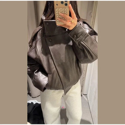 2026 Spring Women's Faux Leather Jacket Brown Black Long Sleeve Stand Collar Thick Loose Lady Coat Fashion Motorcycle Streetwear