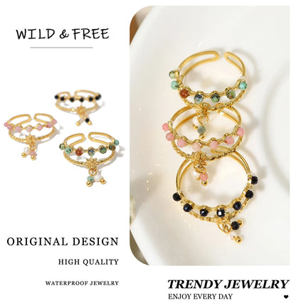 WILD & FREE Trendy Stainless Steel Rings for Women Creative Natural Stone Crystal Charms Aesthetic Adjustable Ring Jewelry
