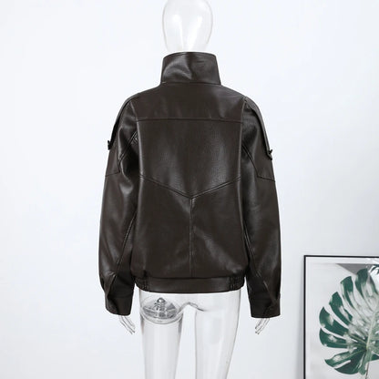 2026 Spring Women's Faux Leather Jacket Brown Black Long Sleeve Stand Collar Thick Loose Lady Coat Fashion Motorcycle Streetwear