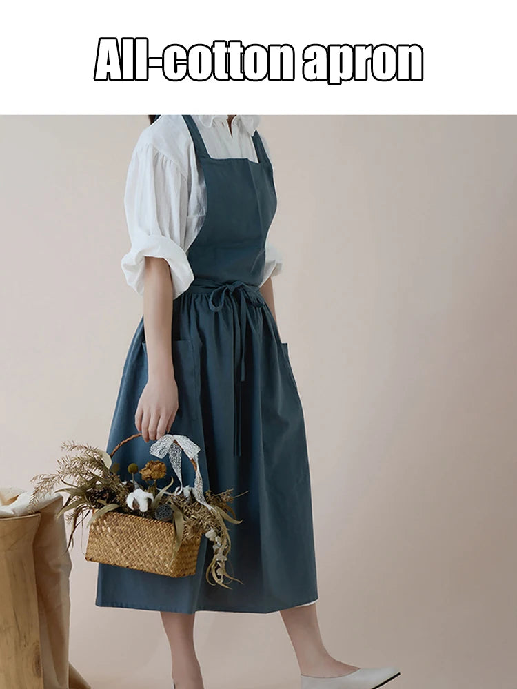 Jananese Summer Apron Art  Long Home Baking Dessert Teacher Floral Painting Students Dress Apron For Woman Girl Kitchen