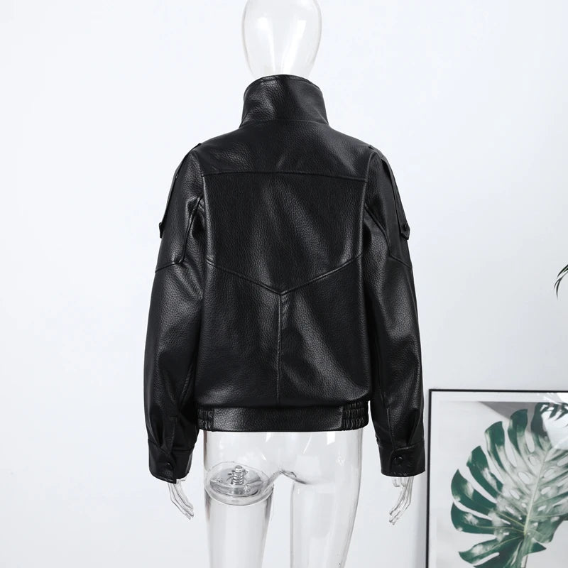 2026 Spring Women's Faux Leather Jacket Brown Black Long Sleeve Stand Collar Thick Loose Lady Coat Fashion Motorcycle Streetwear