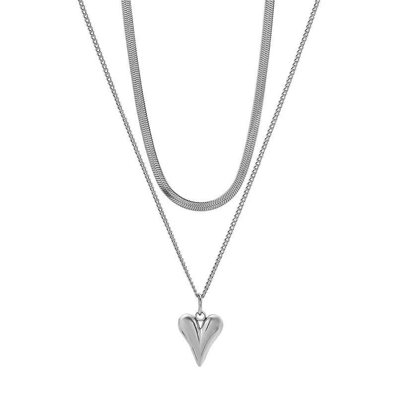 Double Layered Love Heart Pendant Necklace for Women Simple Necklace Chain Jewelry Wholesale
