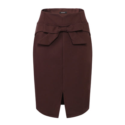New Fashion Women Pencil Skirt Knee Length High Waist Elegant Open Slit Bow Skirt Size S-5XL