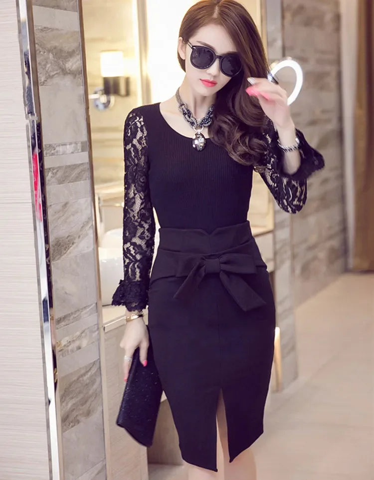 New Fashion Women Pencil Skirt Knee Length High Waist Elegant Open Slit Bow Skirt Size S-5XL
