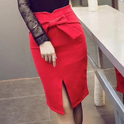 New Fashion Women Pencil Skirt Knee Length High Waist Elegant Open Slit Bow Skirt Size S-5XL