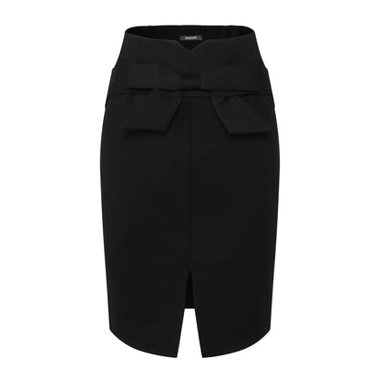 New Fashion Women Pencil Skirt Knee Length High Waist Elegant Open Slit Bow Skirt Size S-5XL