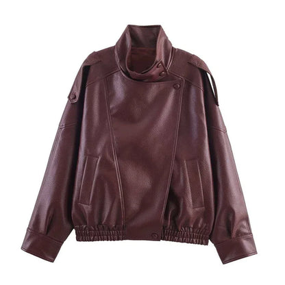 2026 Spring Women's Faux Leather Jacket Brown Black Long Sleeve Stand Collar Thick Loose Lady Coat Fashion Motorcycle Streetwear