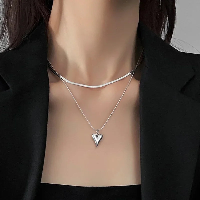 Double Layered Love Heart Pendant Necklace for Women Simple Necklace Chain Jewelry Wholesale