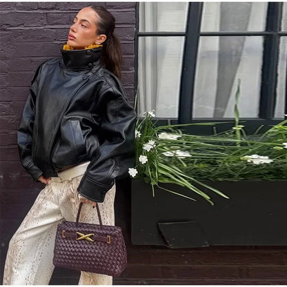 2026 Spring Women's Faux Leather Jacket Brown Black Long Sleeve Stand Collar Thick Loose Lady Coat Fashion Motorcycle Streetwear