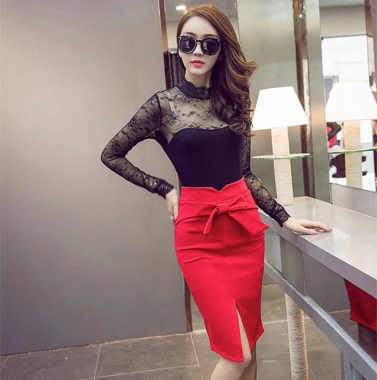 New Fashion Women Pencil Skirt Knee Length High Waist Elegant Open Slit Bow Skirt Size S-5XL