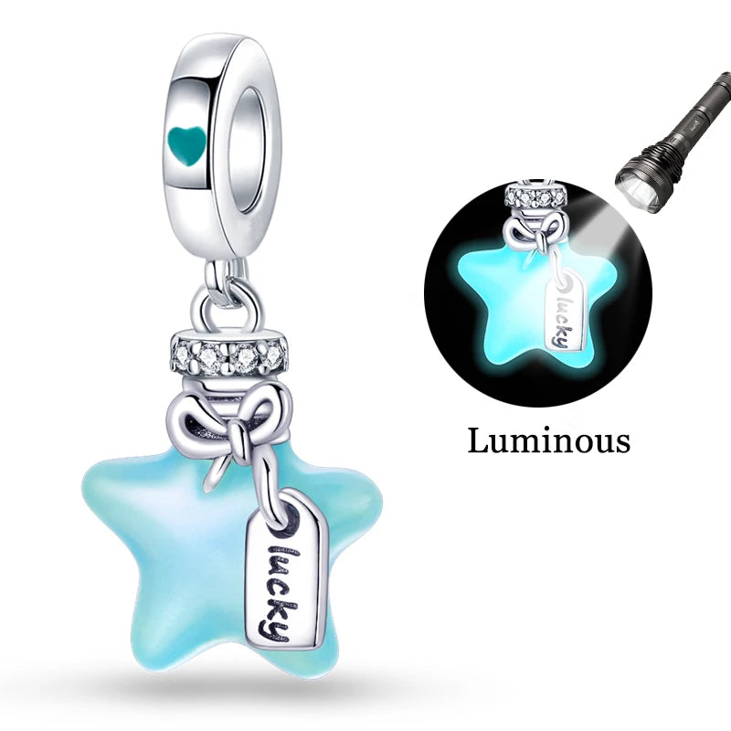 S925 Silver Plated Color Luminous Feather With Zircon Pendants Charms Fit Original Bracelets Fine DIY Birthday Jewelry Gifts