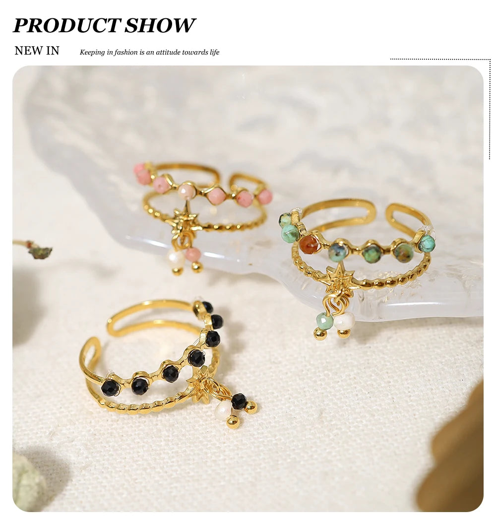 WILD & FREE Trendy Stainless Steel Rings for Women Creative Natural Stone Crystal Charms Aesthetic Adjustable Ring Jewelry