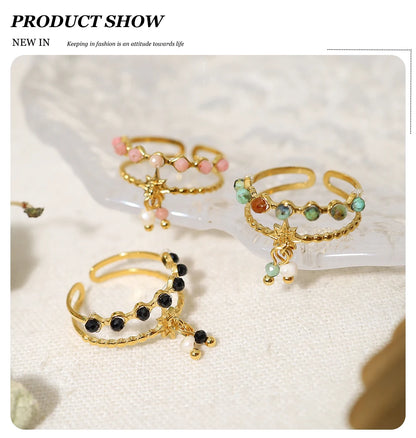 WILD & FREE Trendy Stainless Steel Rings for Women Creative Natural Stone Crystal Charms Aesthetic Adjustable Ring Jewelry