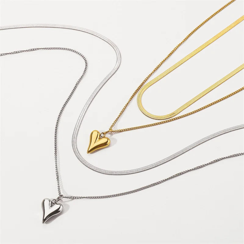 Double Layered Love Heart Pendant Necklace for Women Simple Necklace Chain Jewelry Wholesale