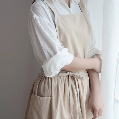 Jananese Summer Apron Art  Long Home Baking Dessert Teacher Floral Painting Students Dress Apron For Woman Girl Kitchen