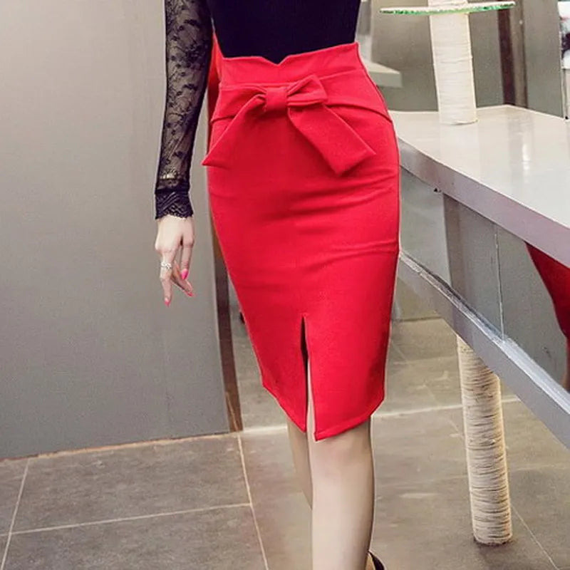 New Fashion Women Pencil Skirt Knee Length High Waist Elegant Open Slit Bow Skirt Size S-5XL