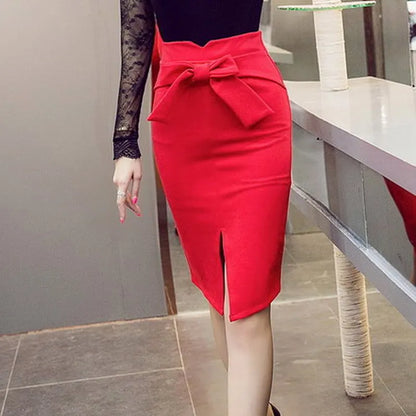New Fashion Women Pencil Skirt Knee Length High Waist Elegant Open Slit Bow Skirt Size S-5XL