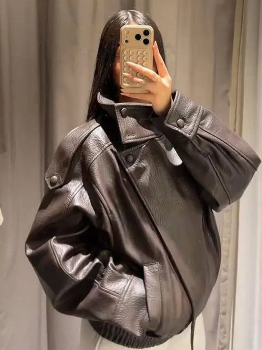 2026 Spring Women's Faux Leather Jacket Brown Black Long Sleeve Stand Collar Thick Loose Lady Coat Fashion Motorcycle Streetwear
