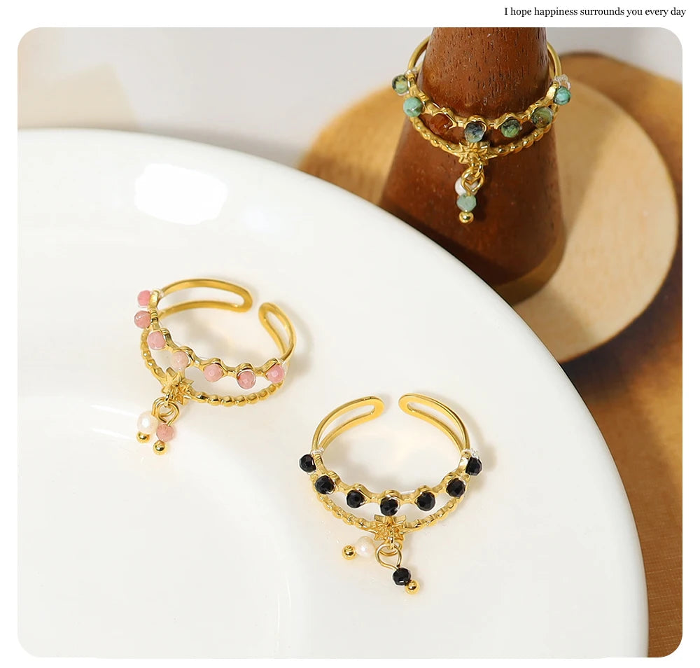 WILD & FREE Trendy Stainless Steel Rings for Women Creative Natural Stone Crystal Charms Aesthetic Adjustable Ring Jewelry